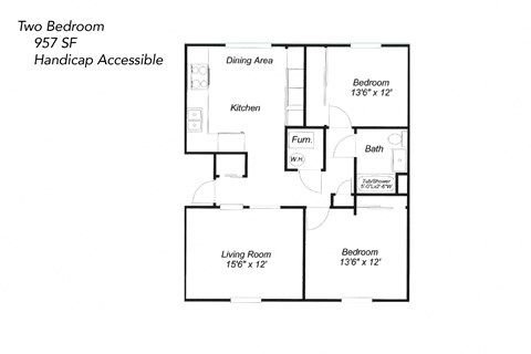 Floor plan for 2 beds, 1 bath, 957 sqft